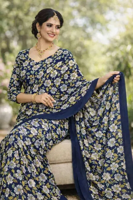 Navy Blue Georgette Bandhani Saree (Regular Sari) view 3