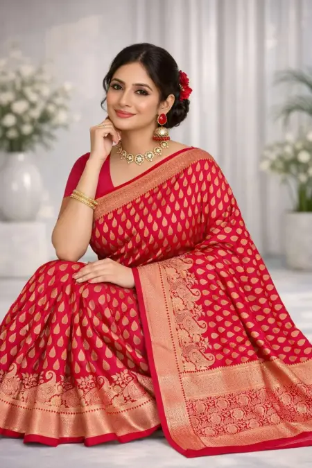 Red Art Silk Banarasi Saree view 3