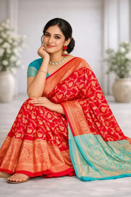 Aqua Blue, Red Banarasi Silk Banarasi Saree - Casual (Regular Sari) (Free Size) view 3
