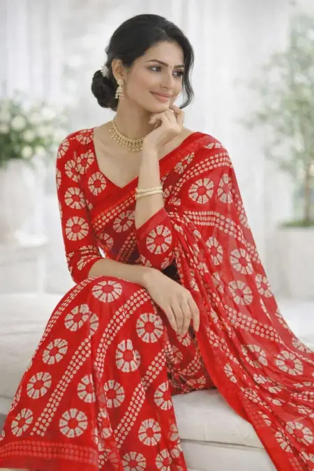 Red Georgette Bandhani Saree - Casual (Regular Sari) (Free Size) view 4