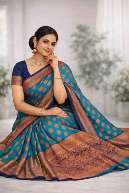 Blue, Teal, Rama Banarasi Silk Banarasi Saree (Regular Sari) view 3