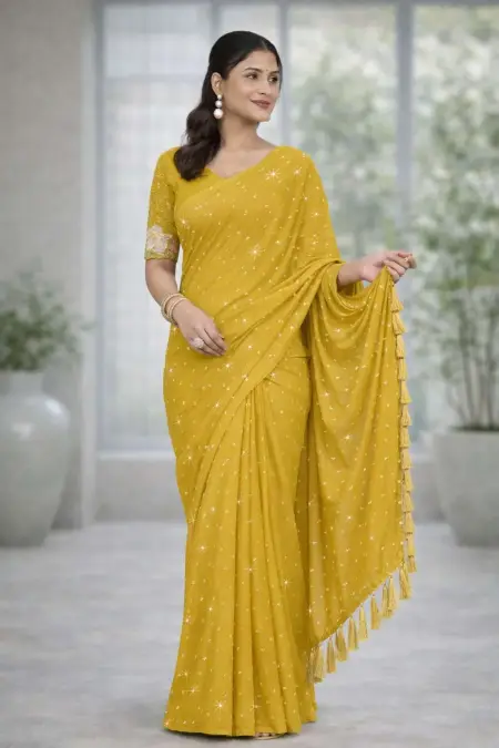 Yellow Georgette Bollywood Saree - Casual (Regular Sari) (Free Size)
