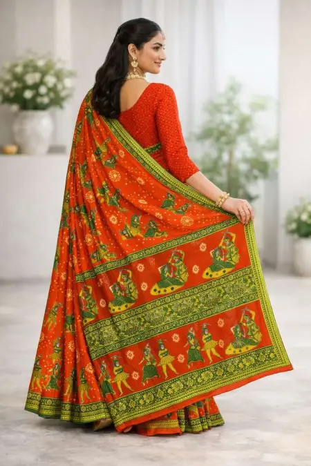 Green, Orange Cotton Bandhani Saree (Regular Sari) view 2