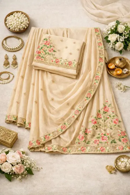 Beige Silk Blend Bollywood Saree - Festive (Regular Sari) (Free Size) view 4