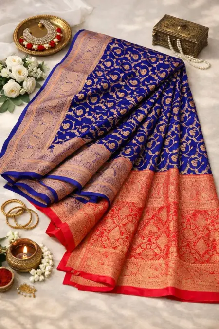 Indigo, Navy Blue, Pink Banarasi Silk Banarasi Saree (Regular Sari) view 4