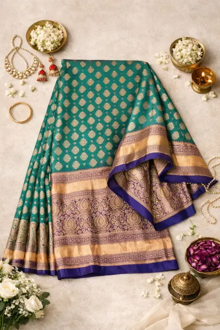 Navy Blue, Turquoise, Rama Banarasi Silk Banarasi Saree (Regular Sari) view 4