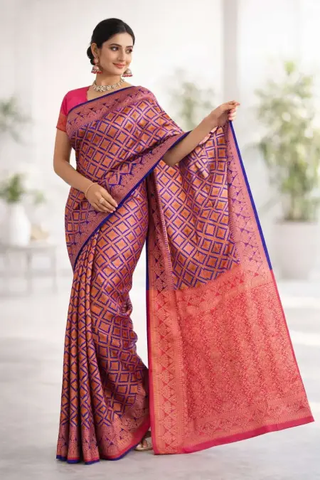 Navy Blue, Pink Banarasi Silk Banarasi Saree (Regular Sari)