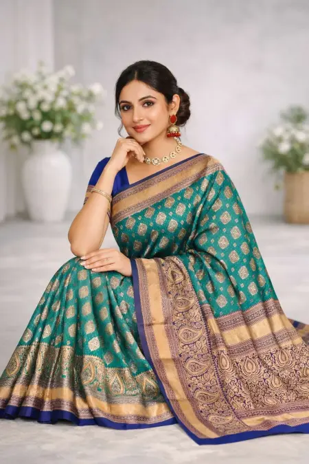Navy Blue, Turquoise, Rama Banarasi Silk Banarasi Saree (Regular Sari) view 3