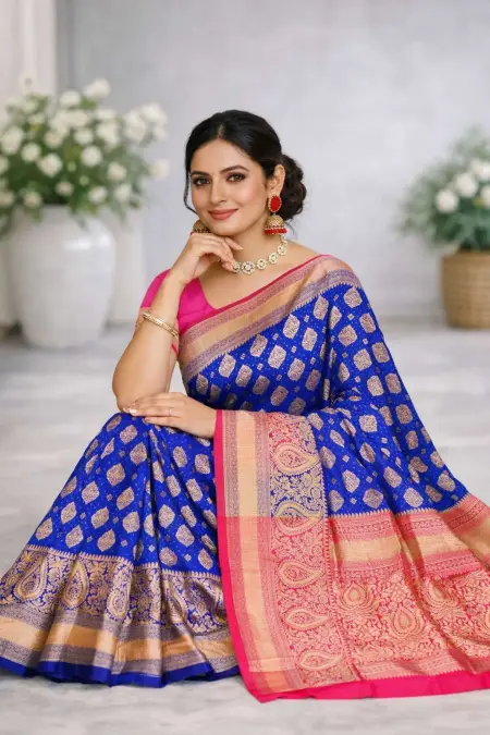 Navy Blue, Pink Banarasi Silk Banarasi Saree (Regular Sari) view 3
