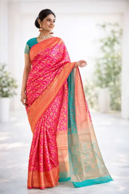 Aqua Blue, Light Blue, Pink Banarasi Silk Banarasi Saree (Regular Sari)