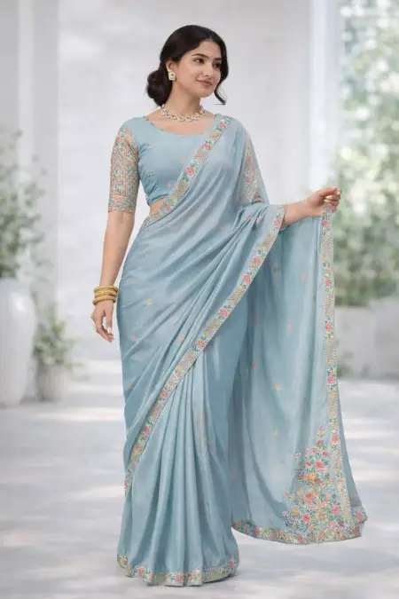 Baby Blue Silk Blend Bollywood Saree - Festive (Regular Sari) (Free Size)
