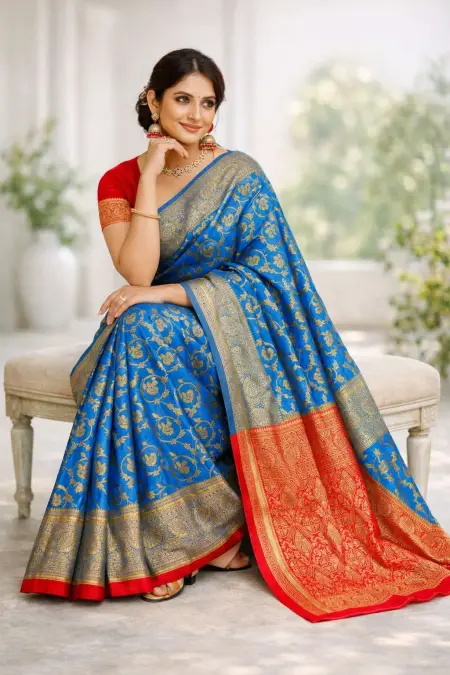 Light Blue, Red Art Silk Bollywood Saree (Regular Sari) view 3