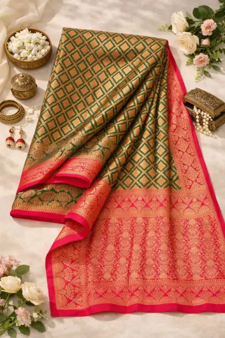 Magenta, Olive Banarasi Silk Banarasi Saree (Regular Sari) view 4