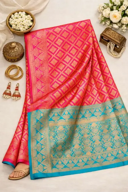 Light Blue, Pink Banarasi Silk Banarasi Saree (Regular Sari) view 4