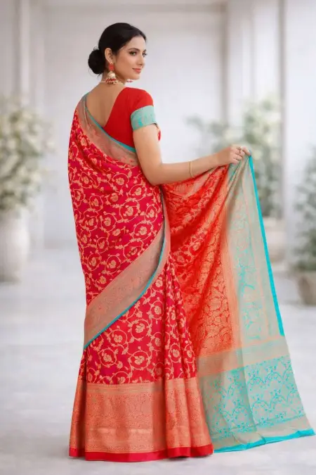 Aqua Blue, Red Banarasi Silk Banarasi Saree - Casual (Regular Sari) (Free Size) view 2
