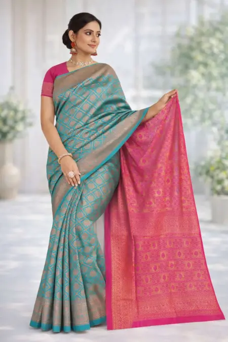 Aqua Blue, Magenta Banarasi Silk Banarasi Saree (Regular Sari)