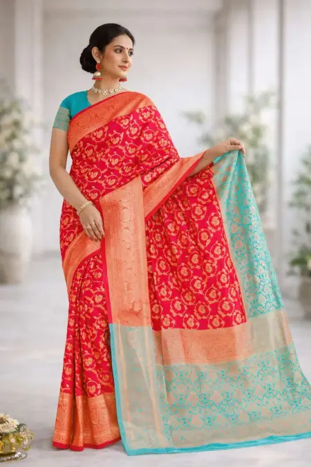 Aqua Blue, Red Banarasi Silk Banarasi Saree - Casual (Regular Sari) (Free Size)