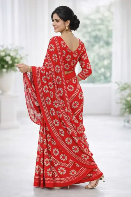 Red Georgette Bandhani Saree - Casual (Regular Sari) (Free Size) view 3