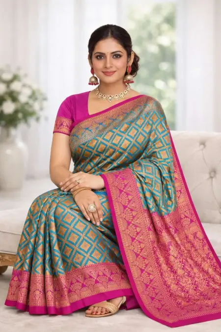 Magenta, Teal Banarasi Silk Banarasi Saree (Regular Sari) view 3