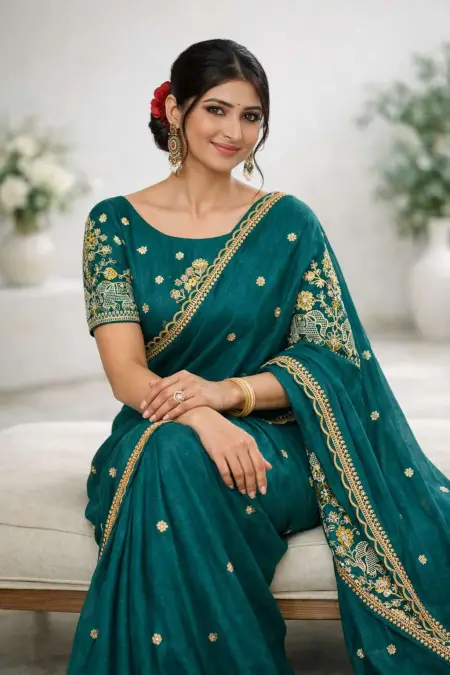 Teal Art Silk Bollywood Saree - Casual (Regular Sari) (Free Size) view 3