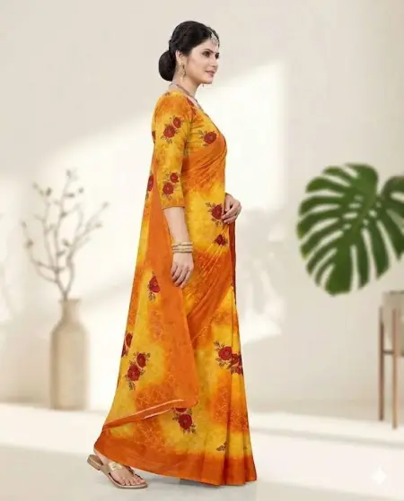 Orange, Yellow Georgette Bandhani Saree - Casual (Regular Sari) (Free Size) view 3