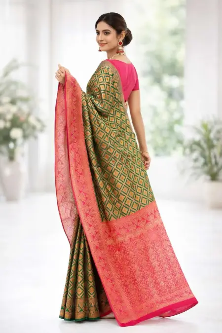 Magenta, Olive Banarasi Silk Banarasi Saree (Regular Sari) view 2