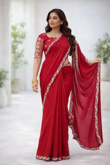 Red Georgette Bollywood Saree - Casual (Regular Sari) (Free Size)