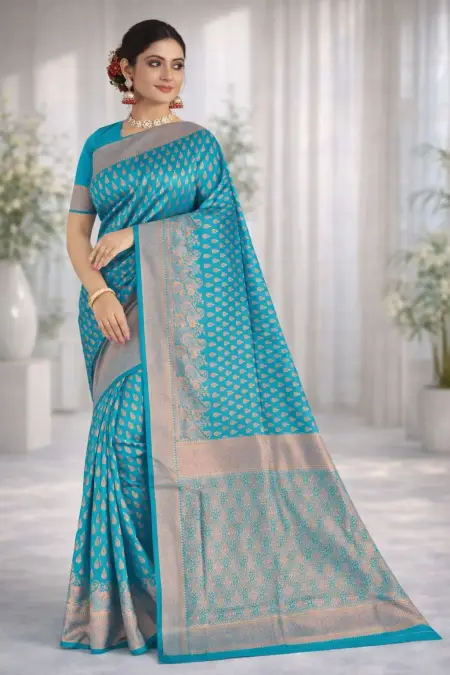 Aqua Blue Art Silk Banarasi Saree