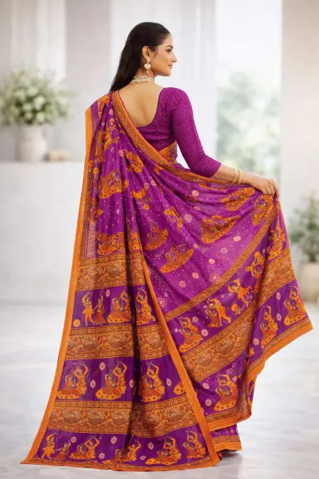Orange, Purple Cotton Bandhani Saree (Regular Sari) view 2