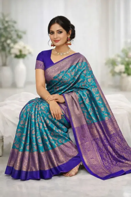 Aqua Blue, Purple Banarasi Silk Banarasi Saree (Regular Sari) view 3