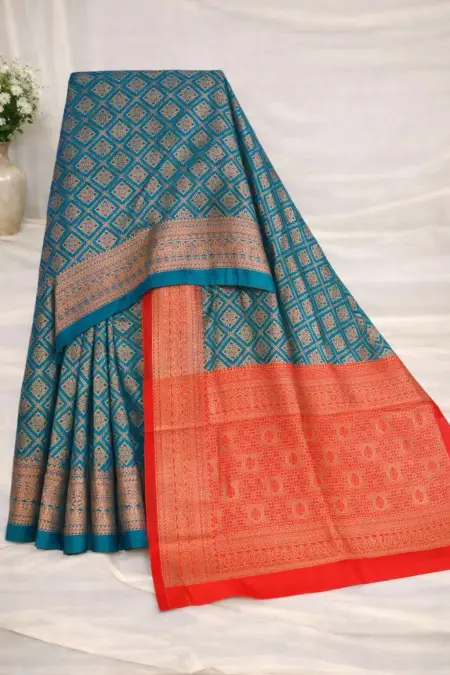 Red, Teal Banarasi Silk Banarasi Saree (Regular Sari) view 4