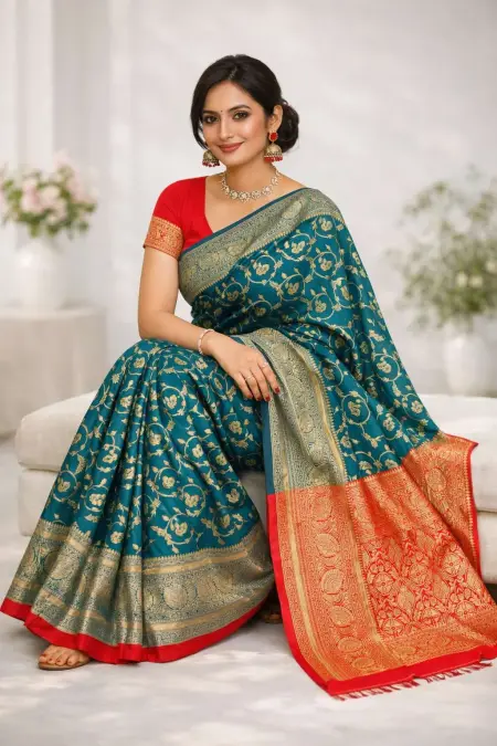 Red, Teal Art Silk Bollywood Saree - Casual (Regular Sari) (Free Size) view 3