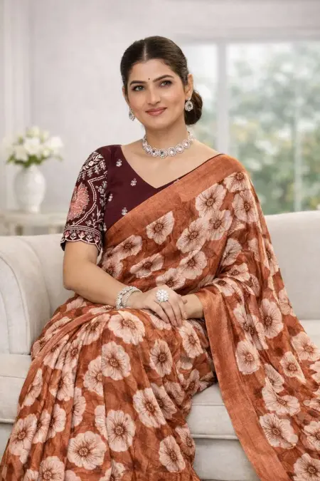 Coral, Dark Pink, Gajari, Maroon, Nude, Orange, Peach, Rust Chinon Two Tone Saree (Regular Sari) view 3