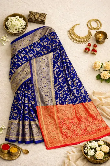 Navy Blue, Red Art Silk Bollywood Saree (Regular Sari) view 4