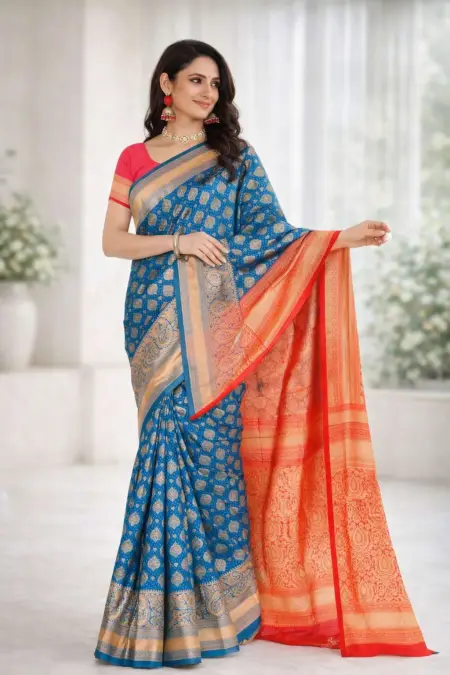 Navy Blue, Pink Banarasi Silk Banarasi Saree (Regular Sari)