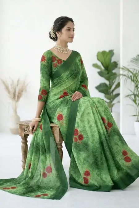 Green Georgette Bandhani Saree (Regular Sari) view 3