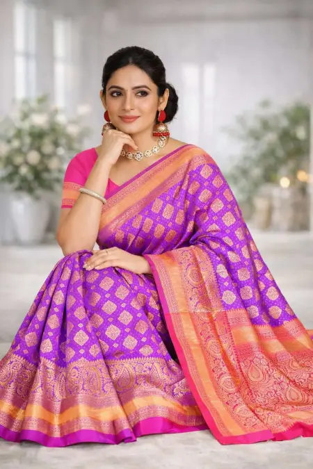 Pink, Purple Banarasi Silk Banarasi Saree - Casual (Regular Sari) (Free Size) view 3