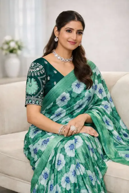 Aqua Blue, Dark Green, Green, Mint Green, Teal Chinon Two Tone Saree (Regular Sari) view 2