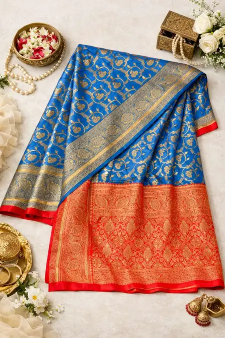 Light Blue, Red Art Silk Bollywood Saree (Regular Sari) view 4