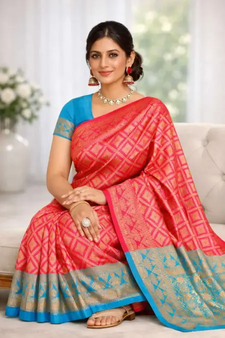 Light Blue, Red Banarasi Silk Banarasi Saree (Regular Sari) view 3