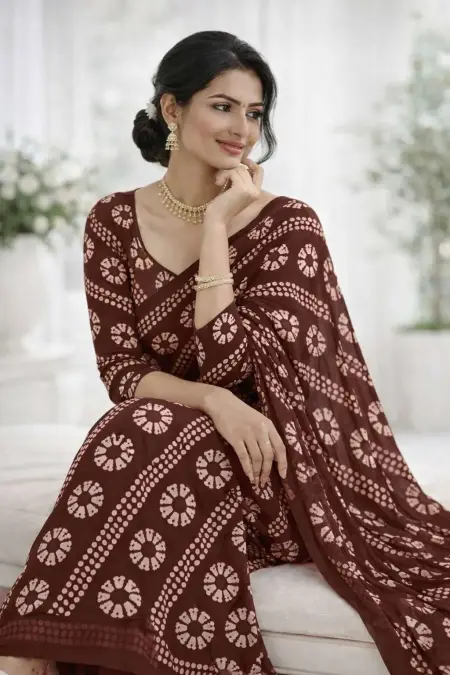 Brown Georgette Bandhani Saree (Regular Sari) view 4