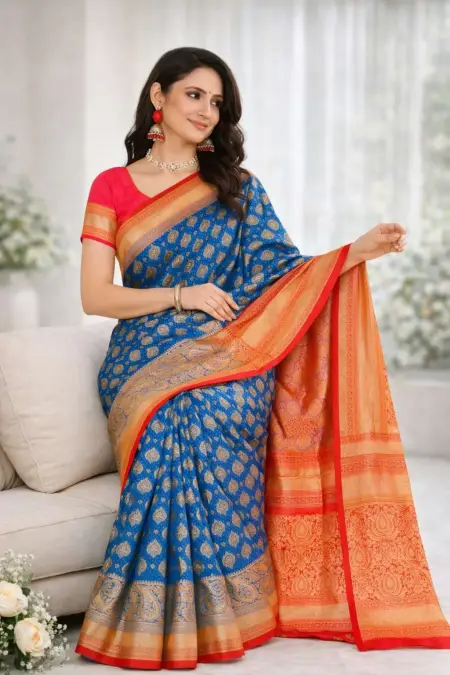 Navy Blue, Pink Banarasi Silk Banarasi Saree (Regular Sari) view 3