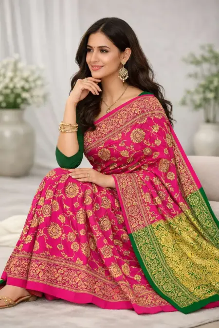 Green, Pink Banarasi Silk Banarasi Saree (Regular Sari) view 4