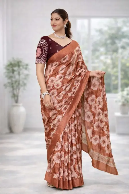 Coral, Dark Pink, Gajari, Maroon, Nude, Orange, Peach, Rust Chinon Two Tone Saree (Regular Sari) view 2