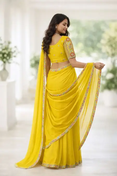 Yellow Georgette Bollywood Saree (Regular Sari) view 2