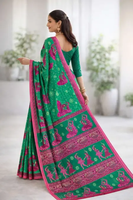 Green, Pink Cotton Bandhani Saree (Regular Sari) view 2