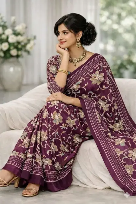 Wine, Burgundy Georgette Bandhani Saree (Regular Sari)