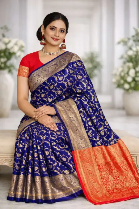 Navy Blue, Red Art Silk Bollywood Saree (Regular Sari) view 3