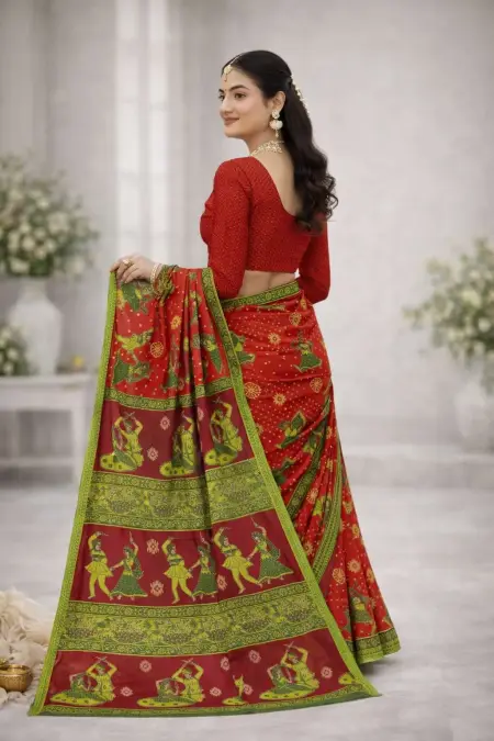 Green, Red Cotton Bandhani Saree (Regular Sari)