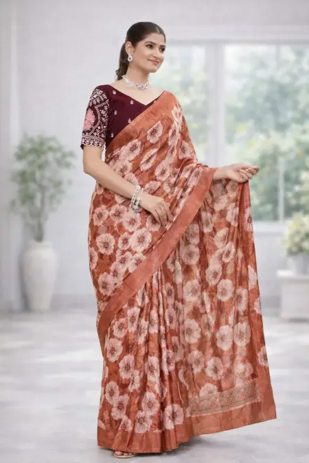 Coral, Dark Pink, Gajari, Maroon, Nude, Orange, Peach, Rust Chinon Two Tone Saree (Regular Sari)